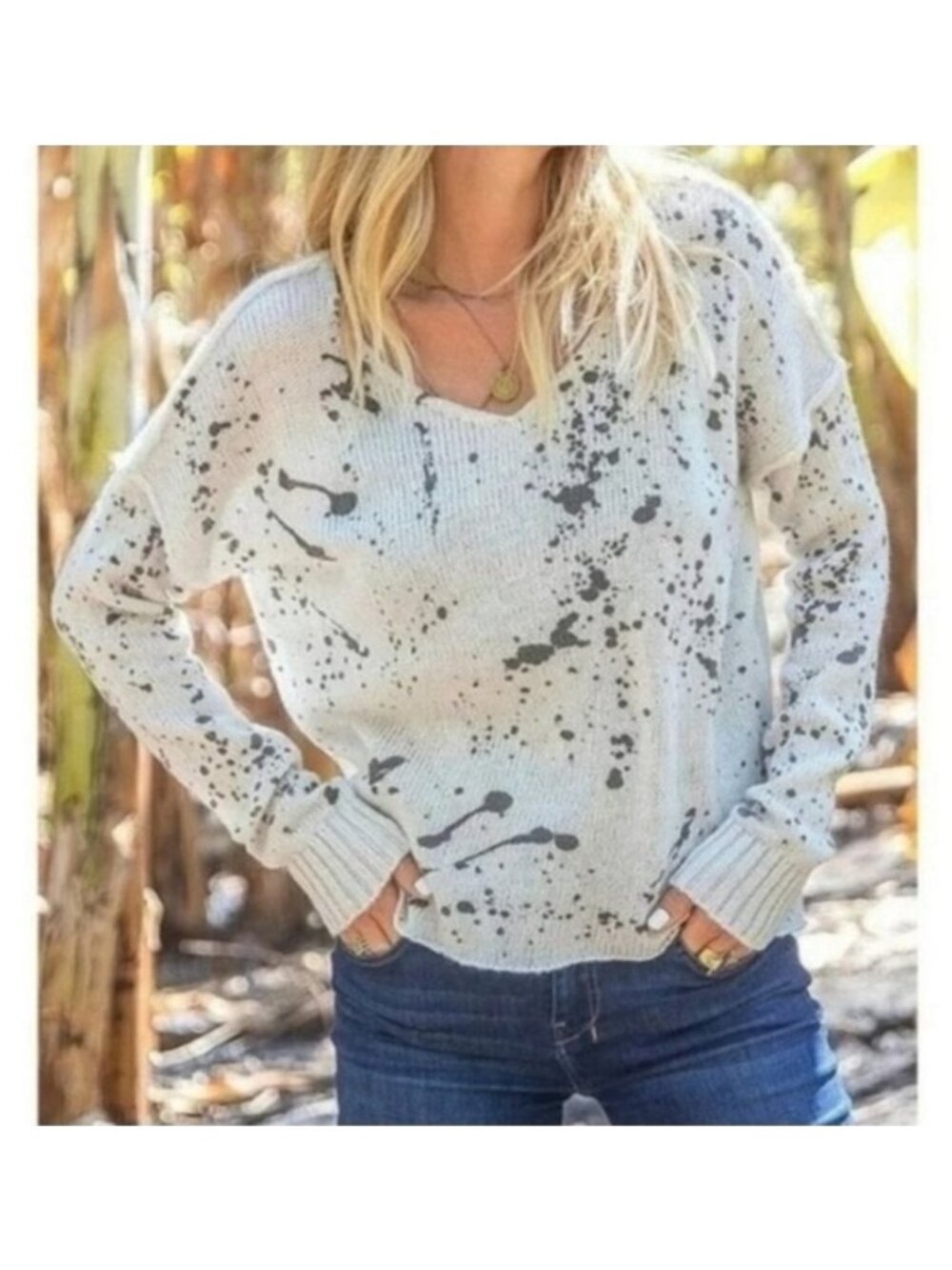 Wooden Ships Paint Splatter V-Neck Wool Mohair Blend Sweater Womens Medium Large